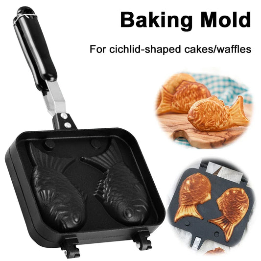 Double Fish Shaped Taiyaki Dessert Waffle Cake Maker Pan Aluminum Alloy Japanese Pancake Double Pan Fry Pan Waffle Molds