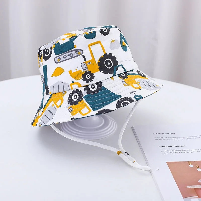 New Summer Baby Hat Cartoon Print Wide Brim Fisherman Hat for Boys Girls Adjustable Chin Strap Infant Beach Cap