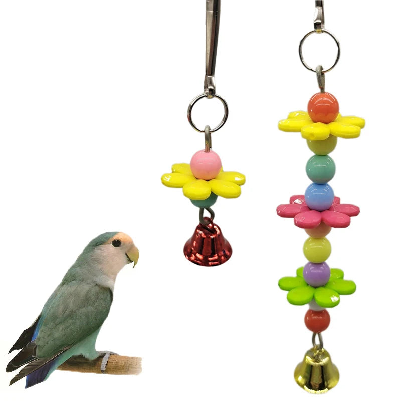 Bird Toys Parrot Chew Toy Bell Pendant Colorful Round Bead Flower String Toy For Parrot Birdcage Accessories Random Color