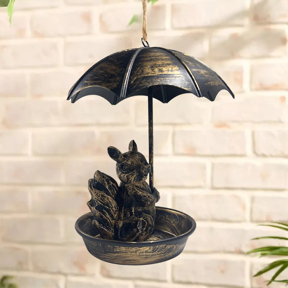 Squirrel Hanging Bird Feeder Set with Umbrella Metal Feeder Garden Yard Decor