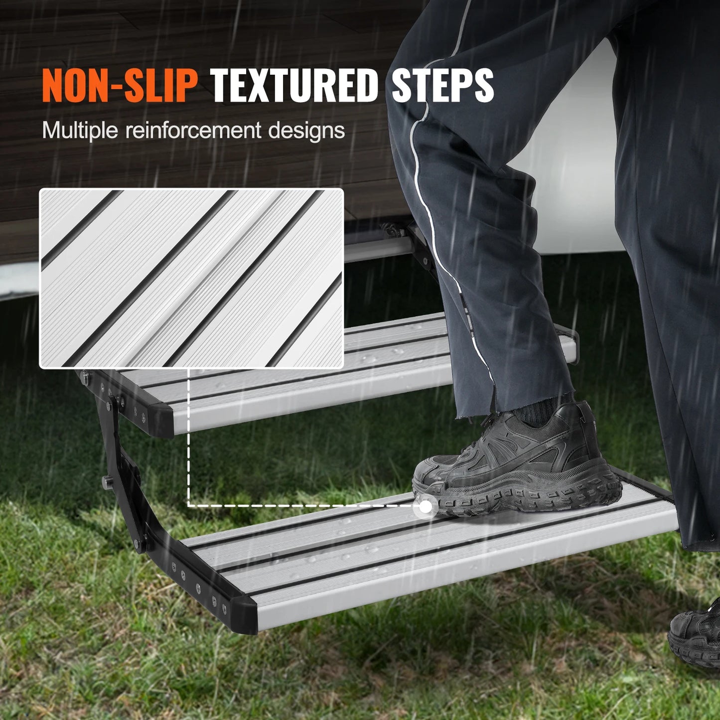 SucceBuy RV Steps 2-Step Manual Retractable RV Stairs Foldable 440LBS Load Capacity Aluminum Alloy Steps Thickened Steel Plate