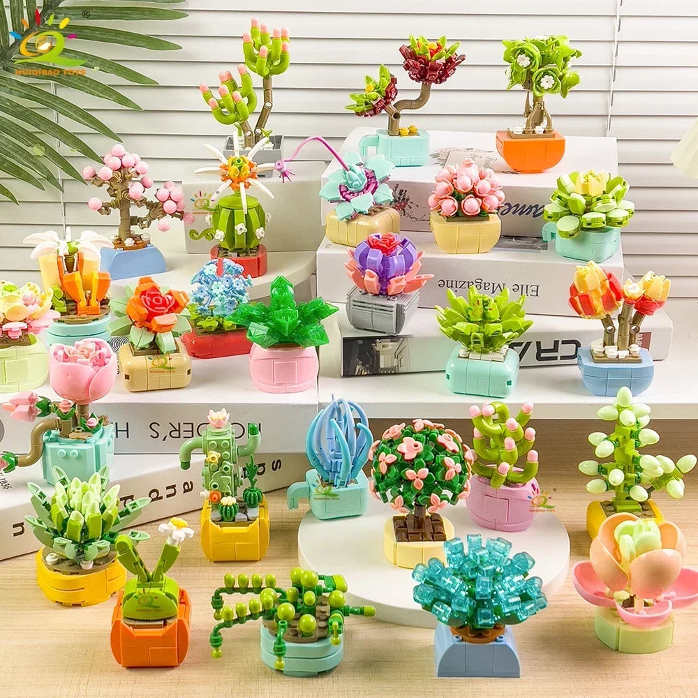 HUIQIBAO MOC Flower Succulent Potted Model Building Block DIY Eternal Bouquet Home Desk Plant Decor Brick Girl Gift Children Toy
