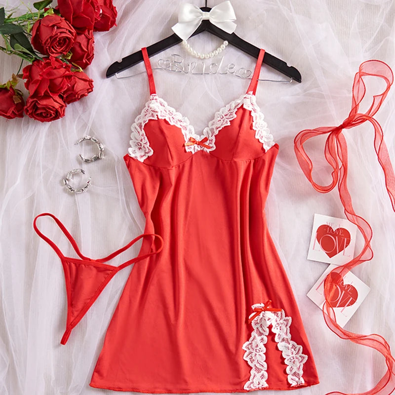 Light Purple Deep V Women Nightdress Sexy Lace Bow Lingerie Adult Dress Babydoll Sex Sleepdress Underwear Set Erotic Clothing