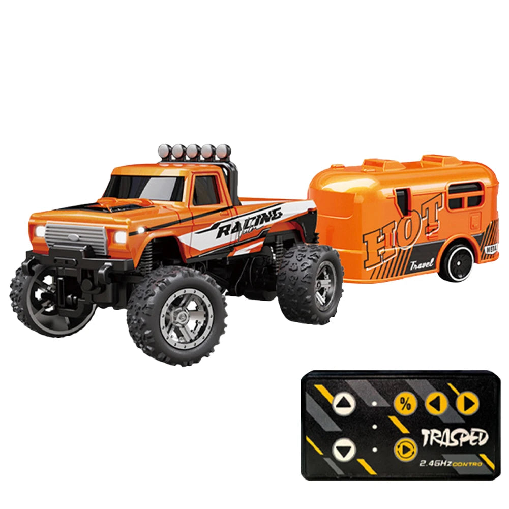 Mini Off-Road Climbing Car with Lights & Trailer All Terrain Off-Road Truck Toy 1:64 Scale 2.4Ghz Remote Control for Kids Gifts