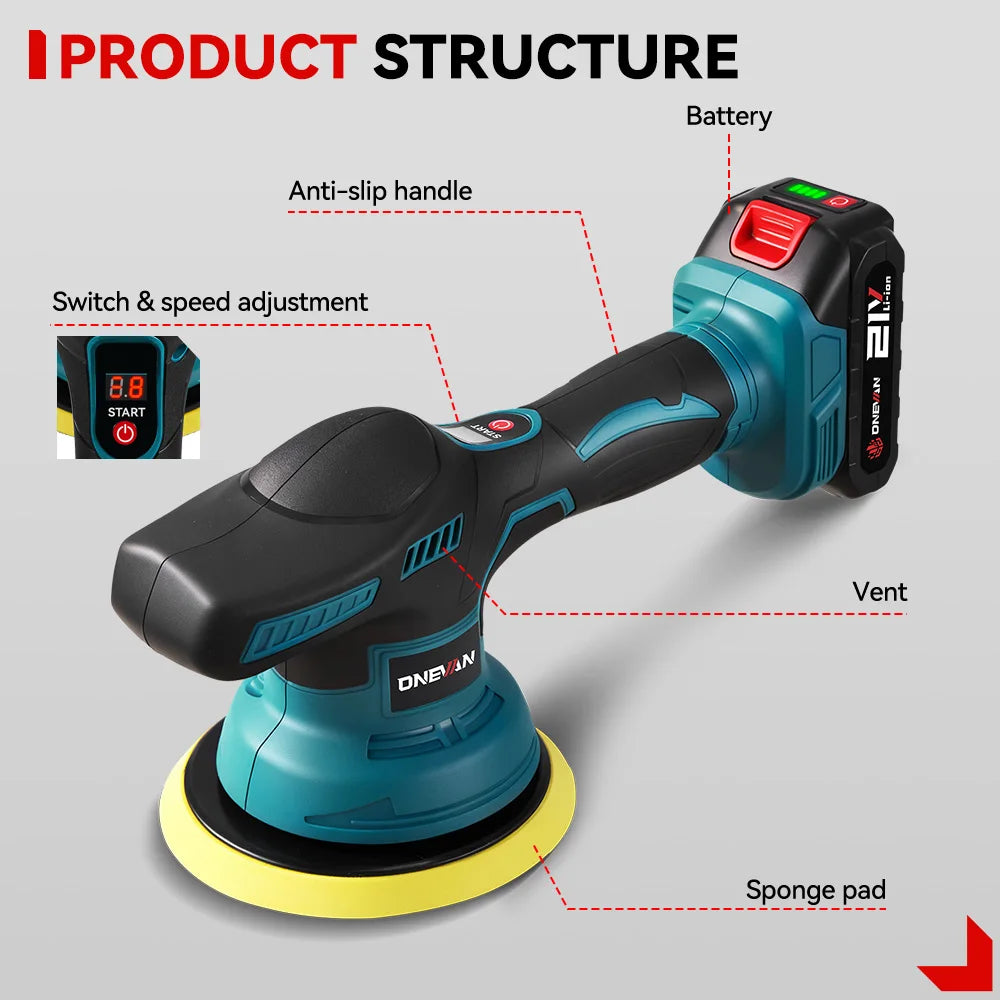 ONEVAN 8Gear Digital Display Cordless Car Polisher Electric Polisher Auto Car Waxing Polishing Tools For Makita 18V Battery Pin