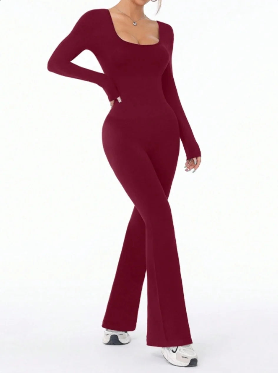 High quality solid color long sleeved compression exercise jumpsuit women's sportswear bell bottom pants sexy push up yoga set