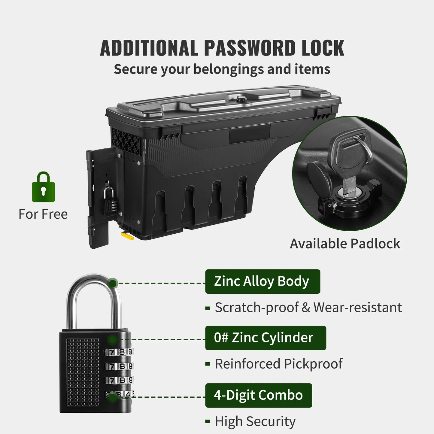 SucceBuy Truck Bed Storage Box Toyota Tundra 2007-2023 Driver Side Lockable Lid Waterproof ABS 6.6 Gal with Password Padlock