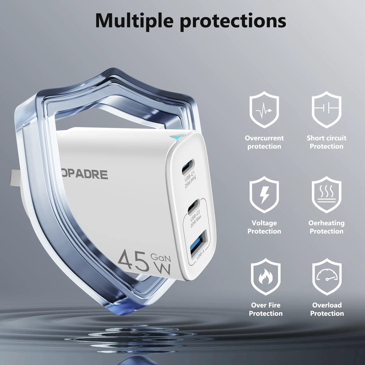 TOPADRE 45W GaN Charger 3ports PD 3.0 USB C Phone Charger For iPhone 17 16 15 Pro Samsung S25 Xiaomi Tablet iPad Air