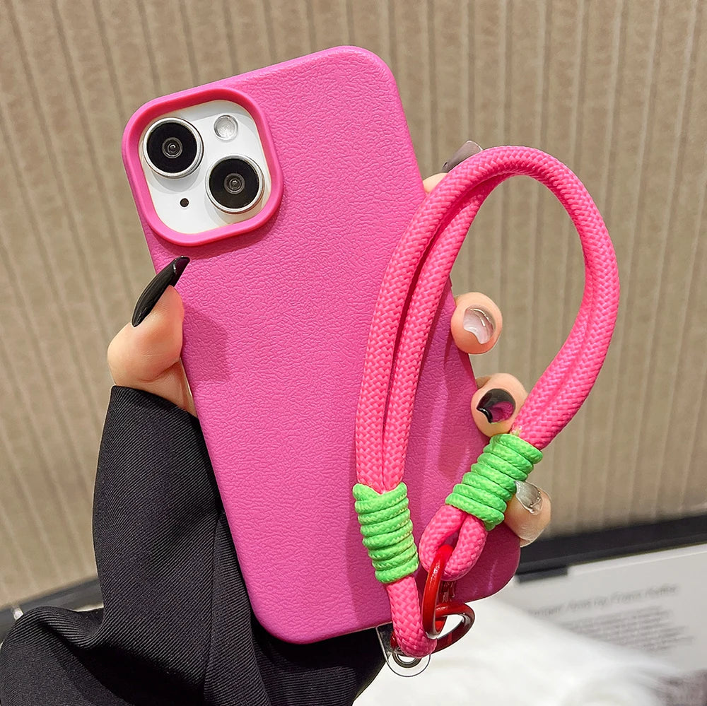 Lanyard Strap Rope Silicone Phone Case For iPhone 13 17 11 15 12 14 16 Pro Max Soft Candy Color Lichee Pattern Leather Cover