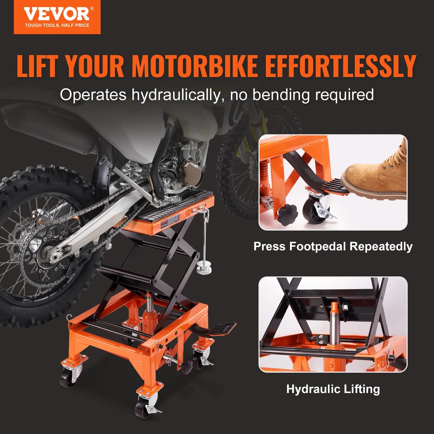 SucceBuy Hydraulic Motorcycle Lift Table 350 LBS Capacity Motorcycle Scissor Jack Lift with Wide Deck J-hooks 4 WheelsHydraulic