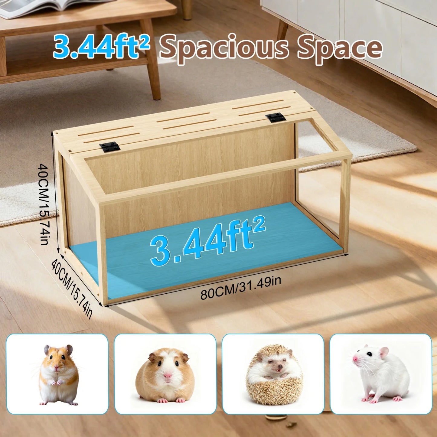 60/80CM Large Natural Wooden Hamster Cage Animal Cabinet Built-in LED Light Tabletop Hamsters Habitat for Small Pets