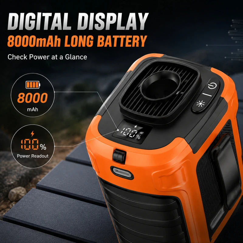 8000mAh Waist Fan Portable Handheld Hanging Neck Fan Ultra-Strong Wind with Phone Charging LED Light for Outdoor Working