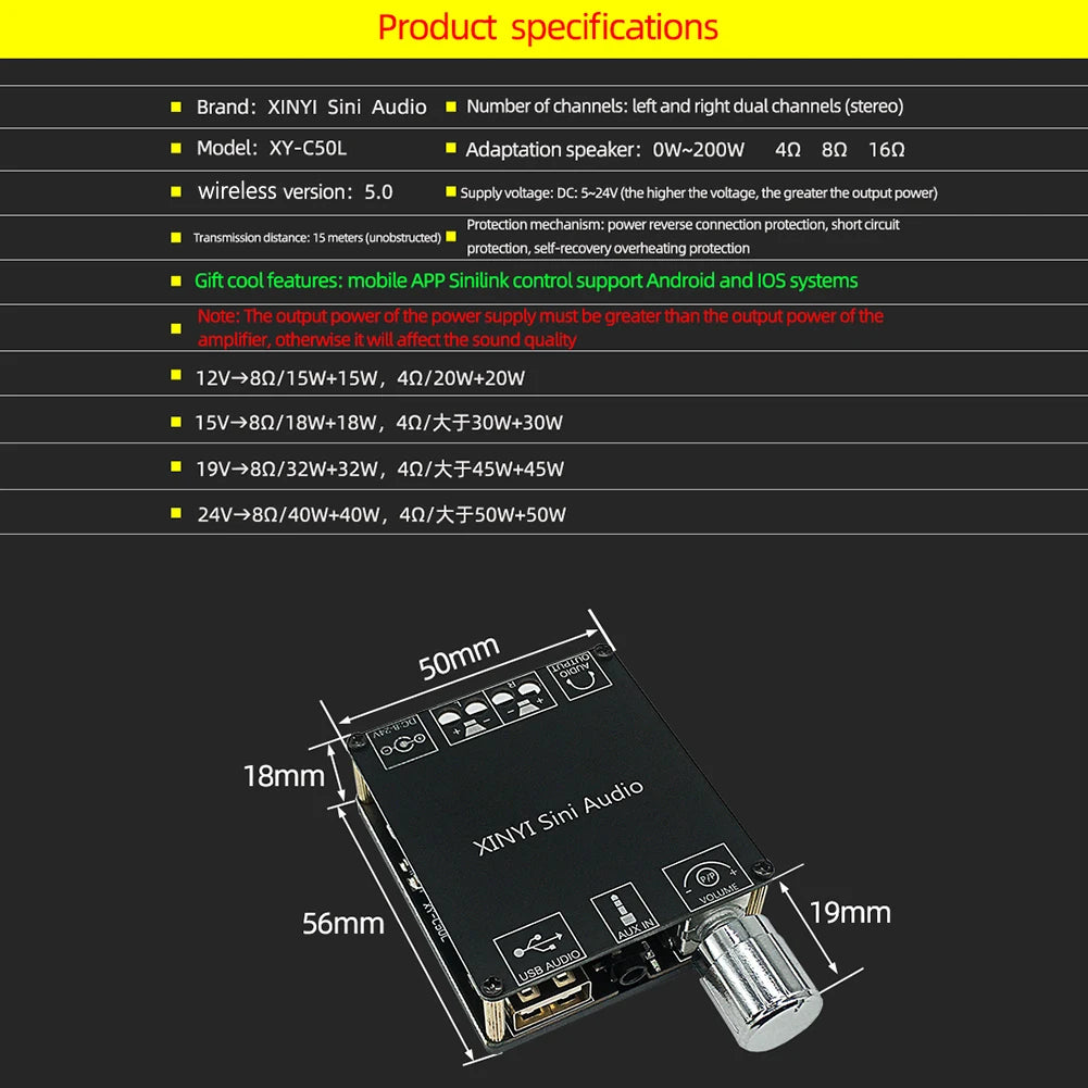 XY-C50L 50Wx2 Bluetooth-Compatible Stereo Audio Module Subwoofer Amplifier Board