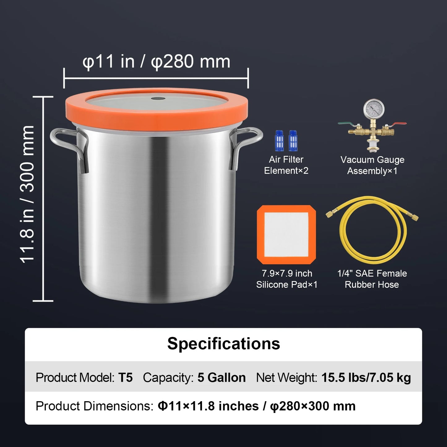 SucceBuy 5 Gal Upgraded Tempered Glass Lid Vacuum Degassing Chamber 304 Stainless Steel for Stabilizing Wood, Resin Degassing