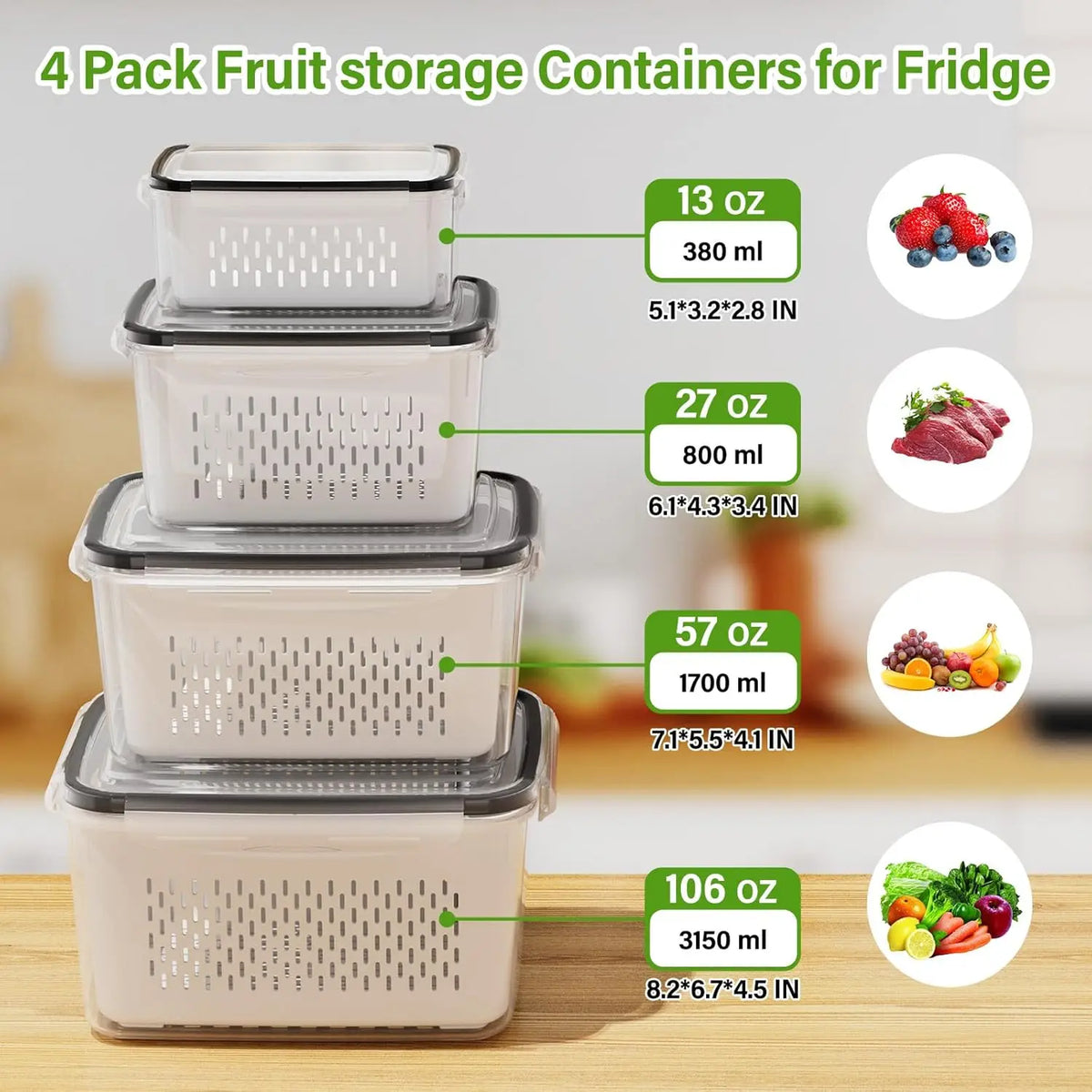Fruit Storage Containers for Fridge Produce Containers with Removable Fruit Washing Bowl with Strainer for Salad Berry Lettuce