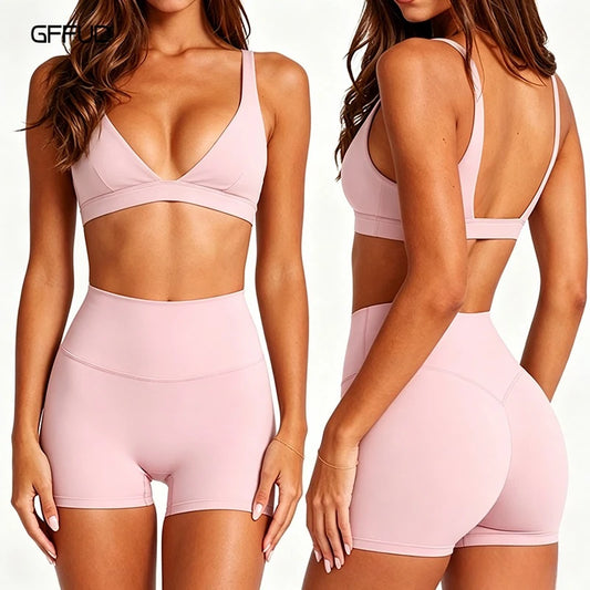 Women's Yoga Set V Neck Push Up Sports Bra High Support Shockproof + High Waist Quick Dry Tummy Control Gym Shorts 2 Piece Set