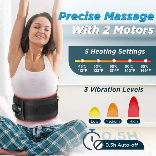 Cordless Heated Vibration Massage Belt Infrared Waist Massager Lumbar Support Decompression Back Brace Muscle Relax Relieve Pain