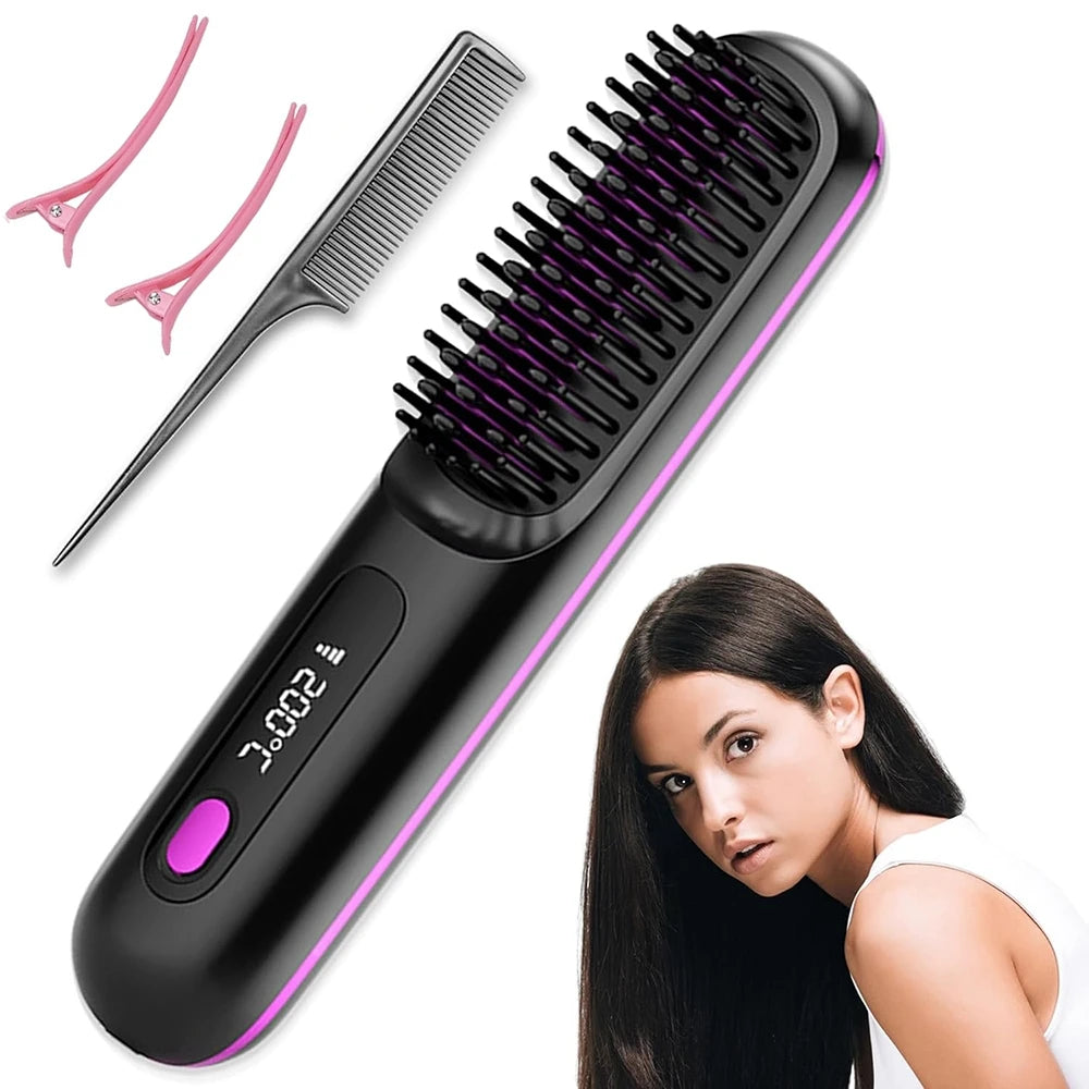 Hair Straightener Brush with LCD Display Cordless USB Charging Straightener Portable Mini Straightening Brush for Home Travel