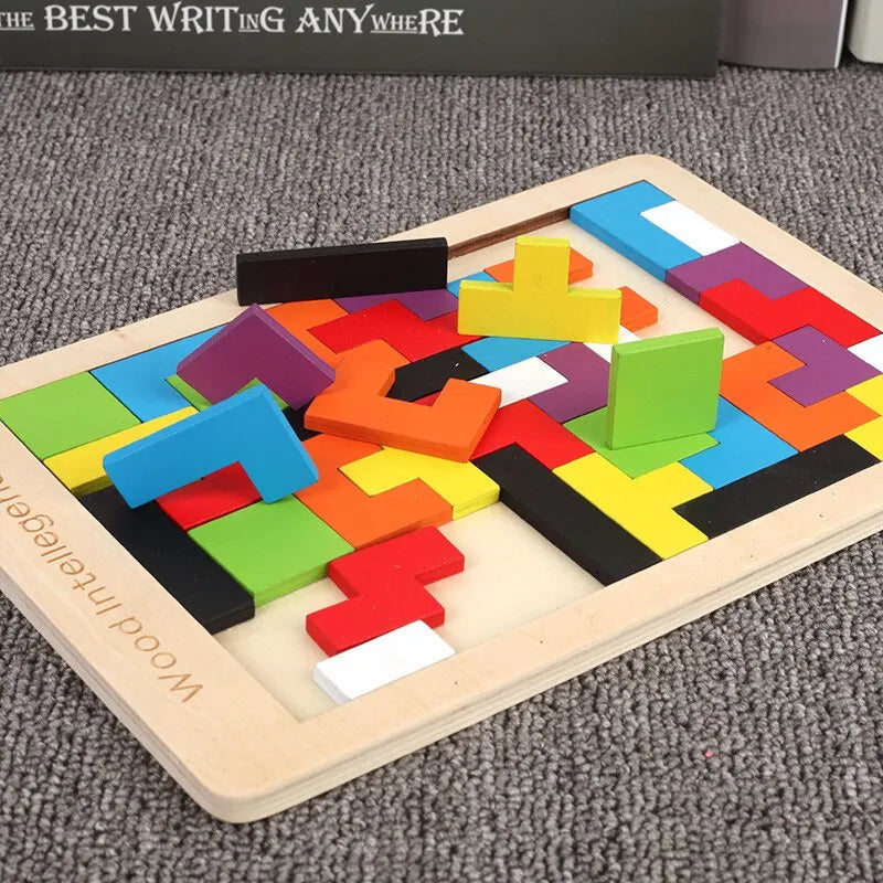 Wooden Blocks Puzzle Brain Teasers Toy Tangram Jigsaw Intelligence Colorful 3D Russian Blocks Montessori Educational