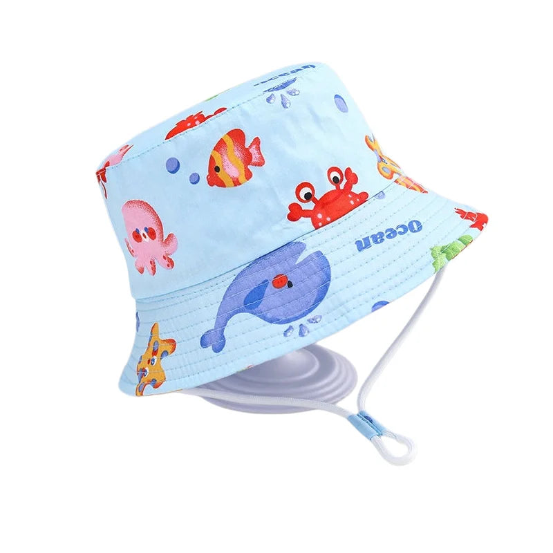 New Summer Baby Hat Cartoon Print Wide Brim Fisherman Hat for Boys Girls Adjustable Chin Strap Infant Beach Cap