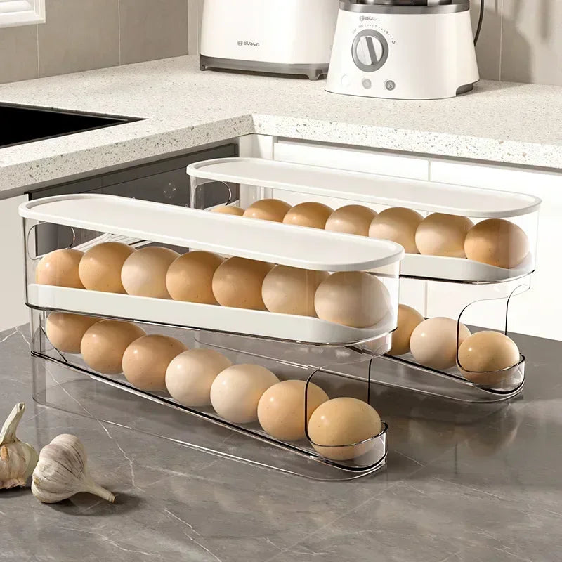 Bilayer Fridge Egg Storage Box Automatic Rolling Eggs Holder Rack Ladder Style Refrigerator Eggs Dispenser Egg Organizer 2030