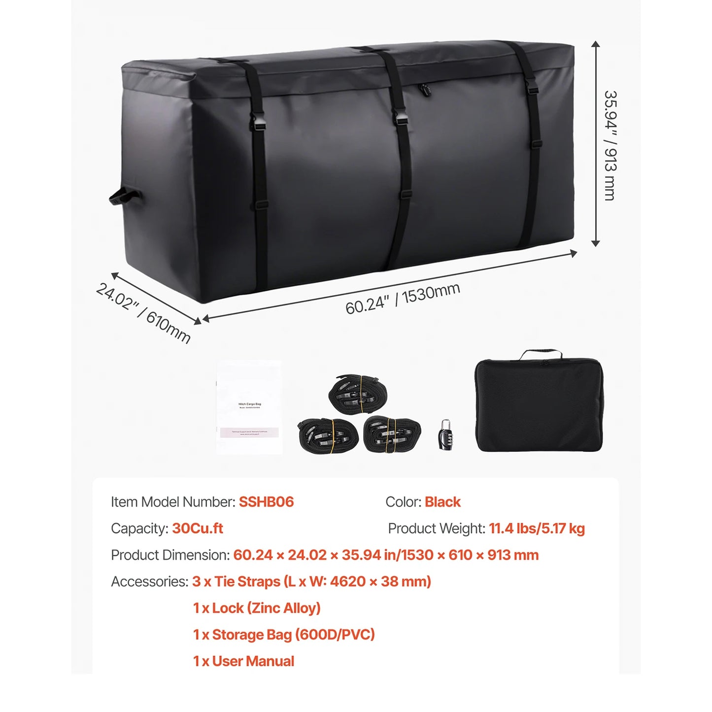 SucceBuy Hitch Cargo Carrier Bag Waterproof 840D PVC 57.48 x 19.49 x 23.82 in Heavy Duty Cargo Bag for Truck Bed Storage for Car
