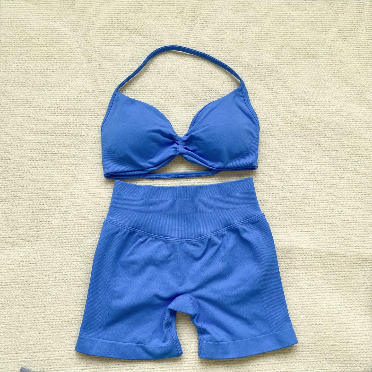 2PCS Gym Set Women Strappy Yoga Bra Top High Waist Workout Scrunch Shorts Sports Suit Seamless Yoga Set Fitness