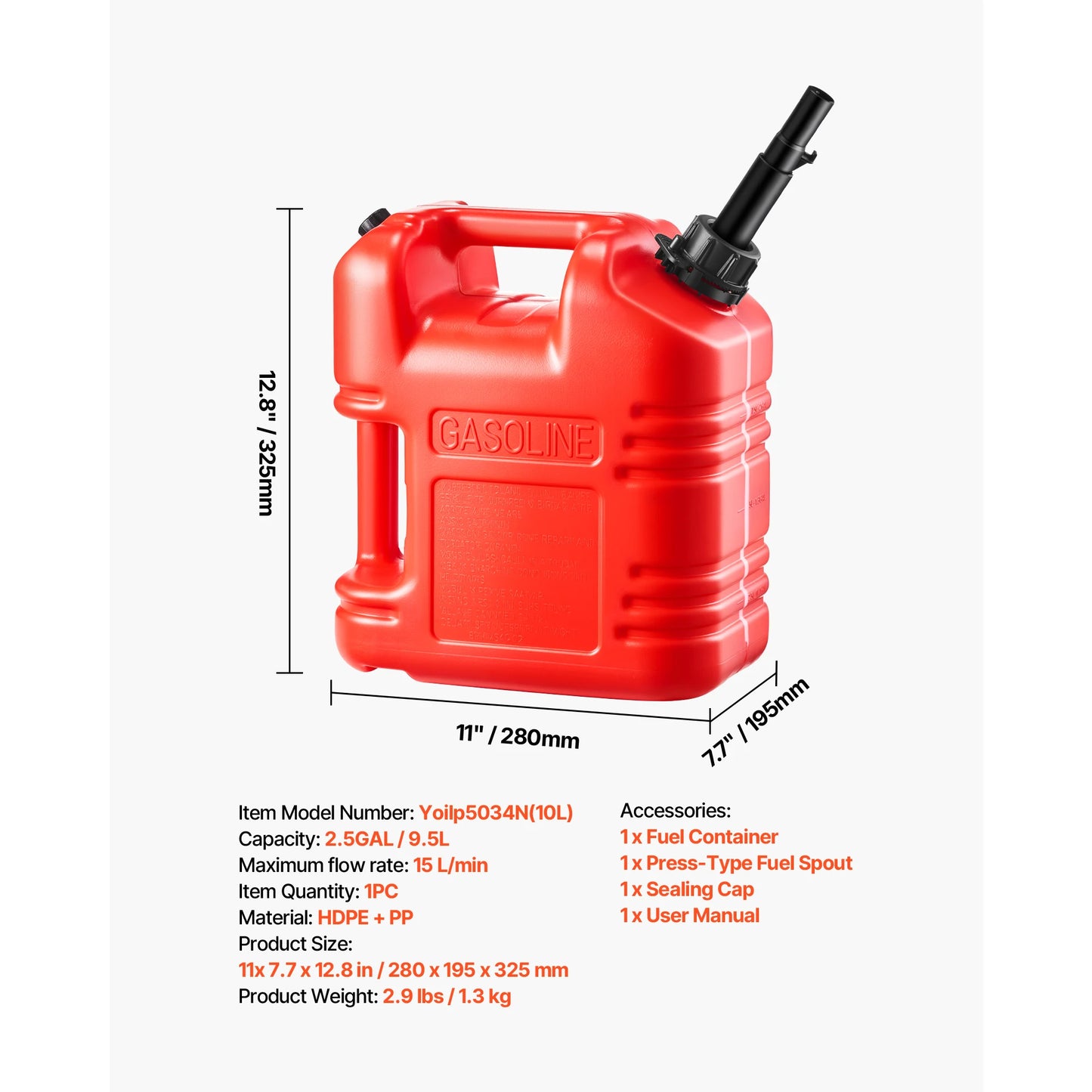 SucceBuy Fuel Container 2.5 Gallon Gas Tank with Spout & Clear Scale 15 L/min Max Flow Rate for Most Cars Motorcycle Red 1 Pack