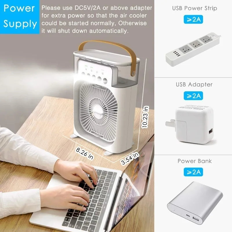 3 Wind Speeds and 3 Spray Modes Office Home Fan Portable Air Conditioner Fan LED Night Light Portable Humidifier
