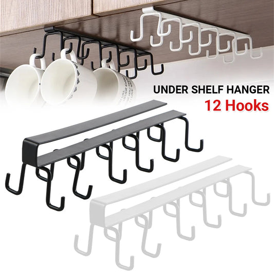 Double Hook Under Shelf Kitchen Cabinet Hanger Organiser Mug Cup Rack Holder