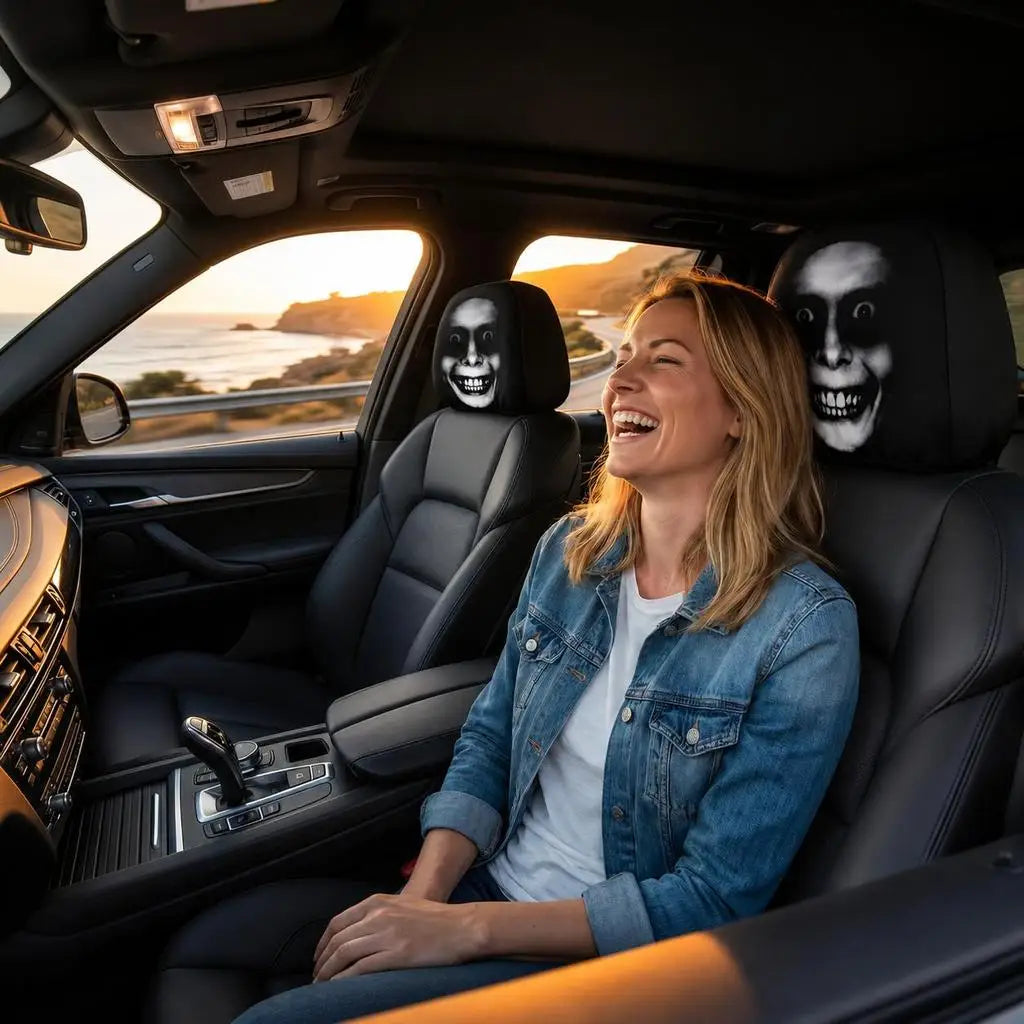 2PCS Scary Smile Face Car Headrest Covers Horror Grinning Print Black Auto Headrest Protector Universal Halloween Decor