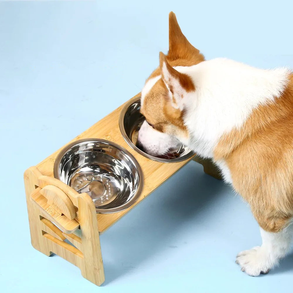 Adjustable Wooden Raised Dog Bowl Stand With 2 Stainless Steel Bowls For Small Dogs and Cats Sturdy Wooden Pet Food Feeder