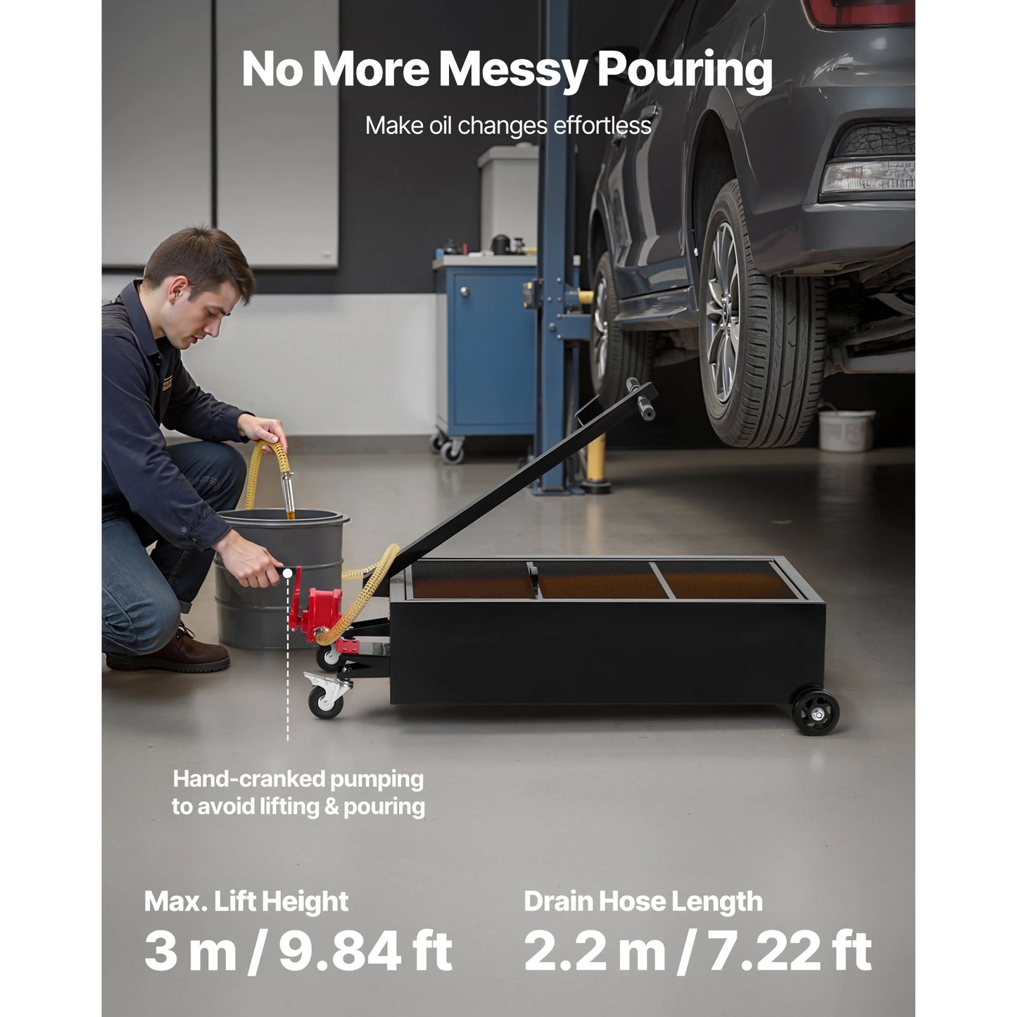 SucceBuy Low Profile Oil Drain Pan 25 Gallon Capacity with Manual Pump 7.2 ft Hose & Handle Corrosion-resistant Fit for Cars