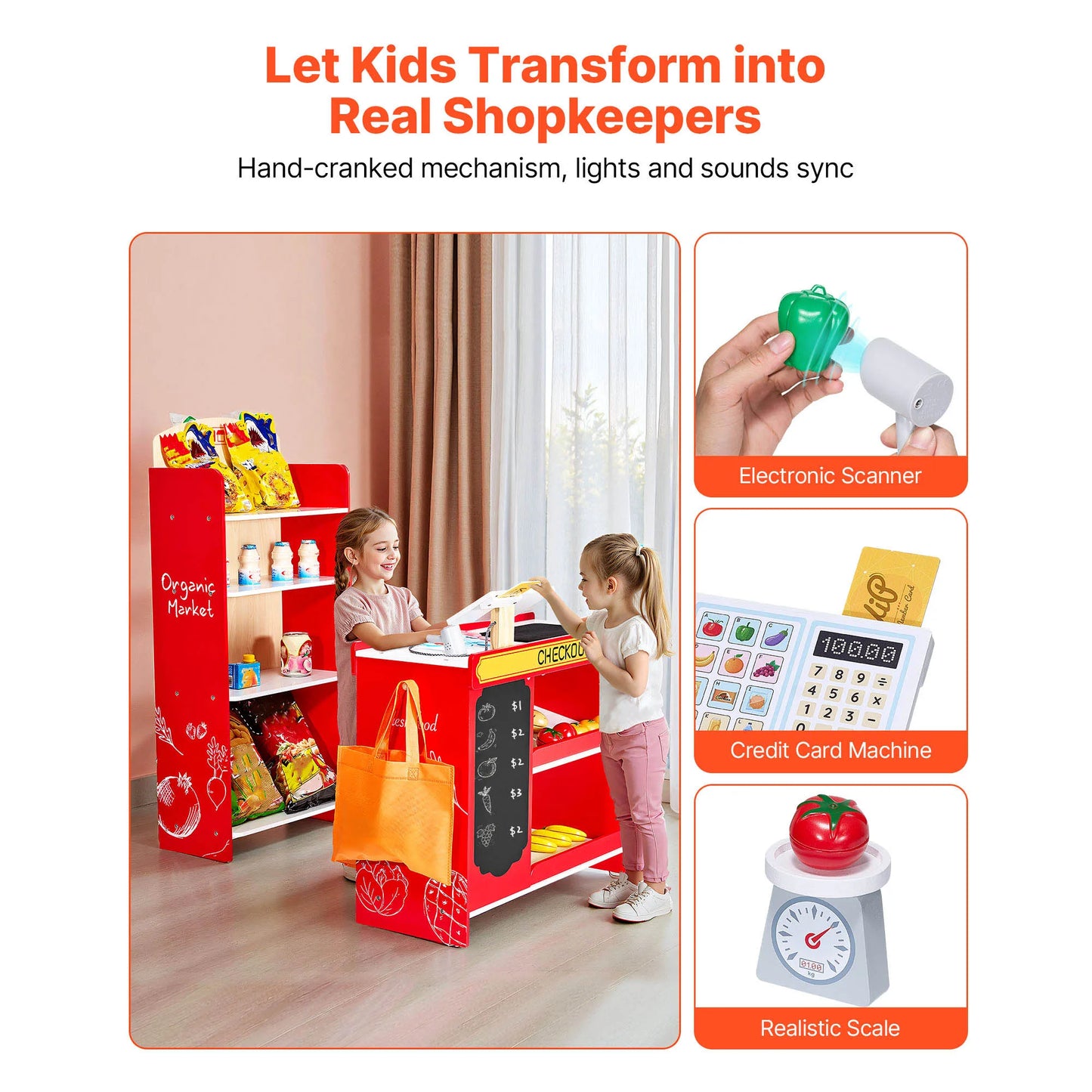 SucceBuy Kids Grocery Store Playset Wooden Play Supermarket Pretend Toy with Scanner & Cash Register for Children Birthday Gifts