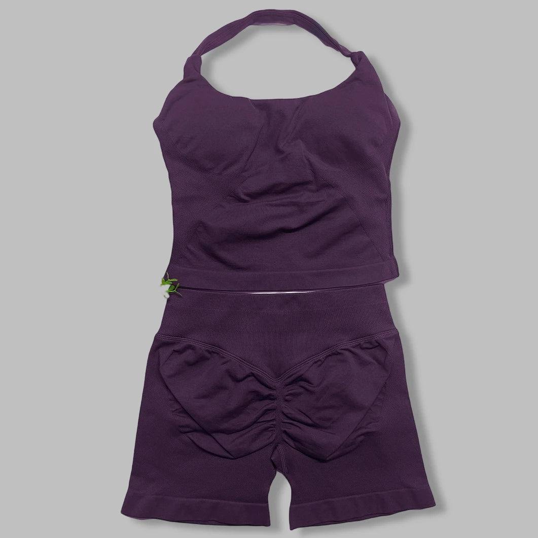 yoga outfits Women 2 pcs Sports DF Impact Set halterneck Backless Halter Top Seamless Scrunch Shorts Gym Workout Sports Suits