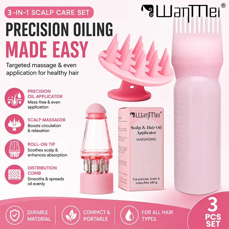 3Pcs Scalp Hair Oil Applicator Set Hair Growth Serum Bottle Shampoo Brush Scalp Massager Comb Hair Care Tools