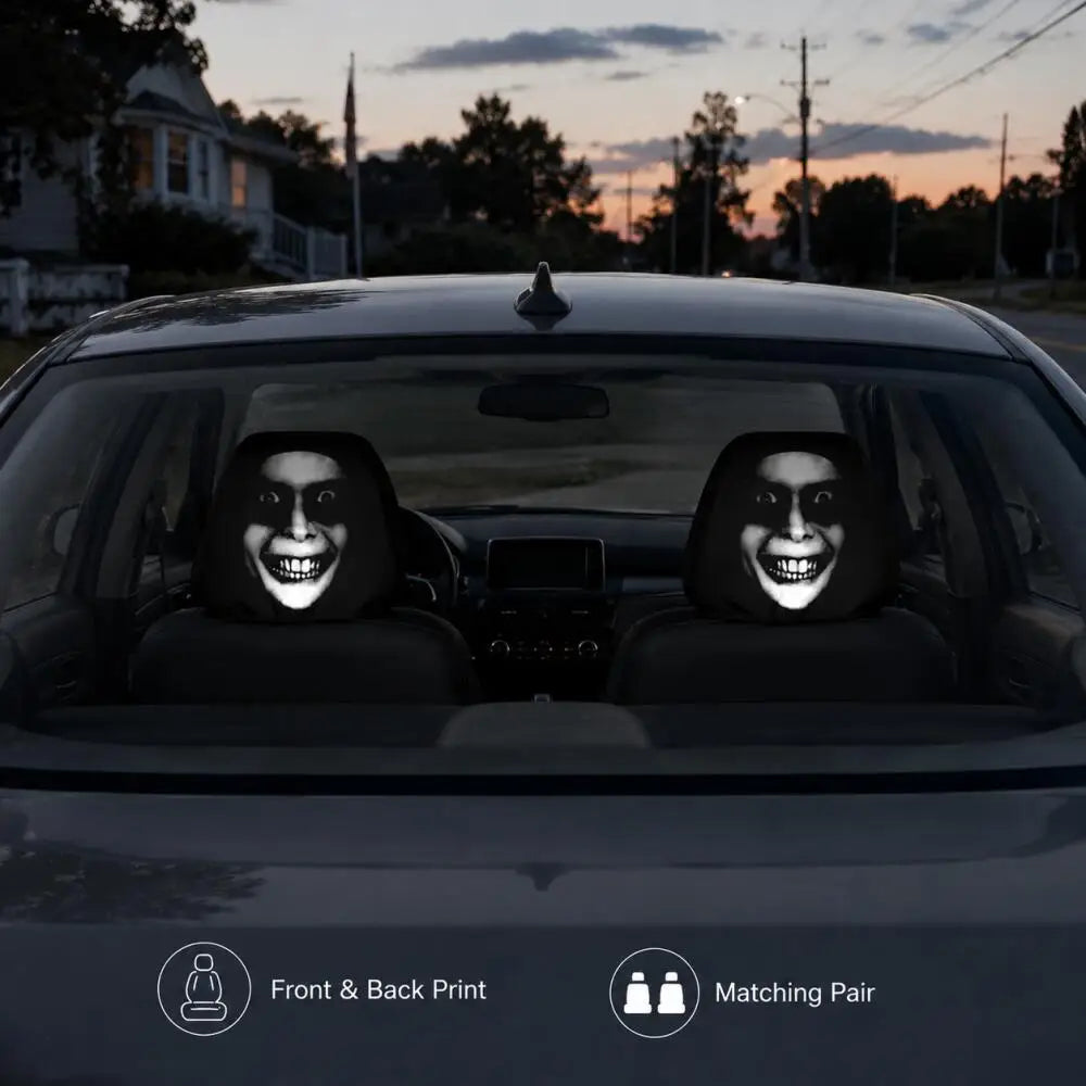 2PCS Scary Smile Face Car Headrest Covers Horror Grinning Print Black Auto Headrest Protector Universal Halloween Decor