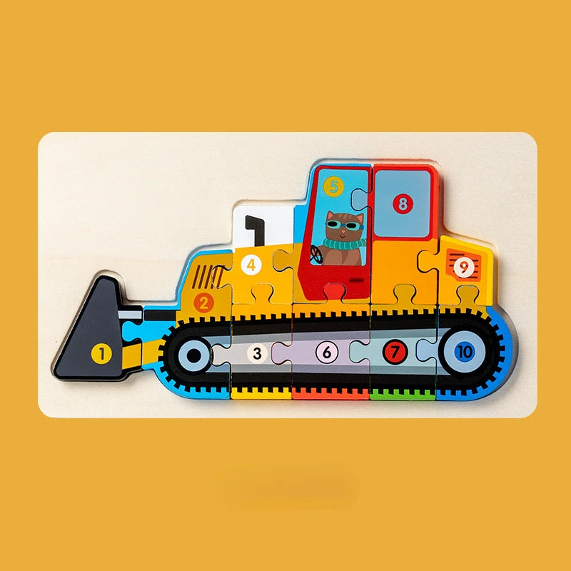 Children Montessori Wooden Puzzle Baby 3D Engineering Vehicle Jigsaw Early Education Matching Cognitive Puzzles Toys for Kids