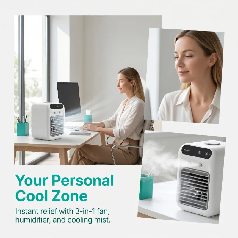 Personal Portable Air Conditioner Fan 3 in 1 Small Air Cooler Humidifier Cooling Fan for Home Office Desk