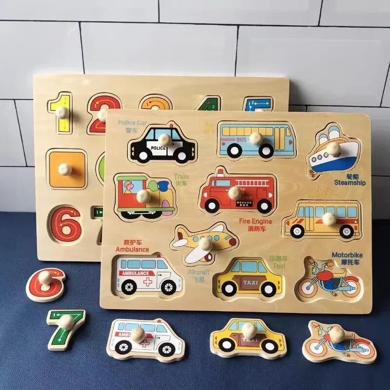 Baby Wooden Puzzles Montessori Toys 1 2 3 Years Toddler Toys Hand Grab Board Alphabet Number Cognition Learning Educational Toys