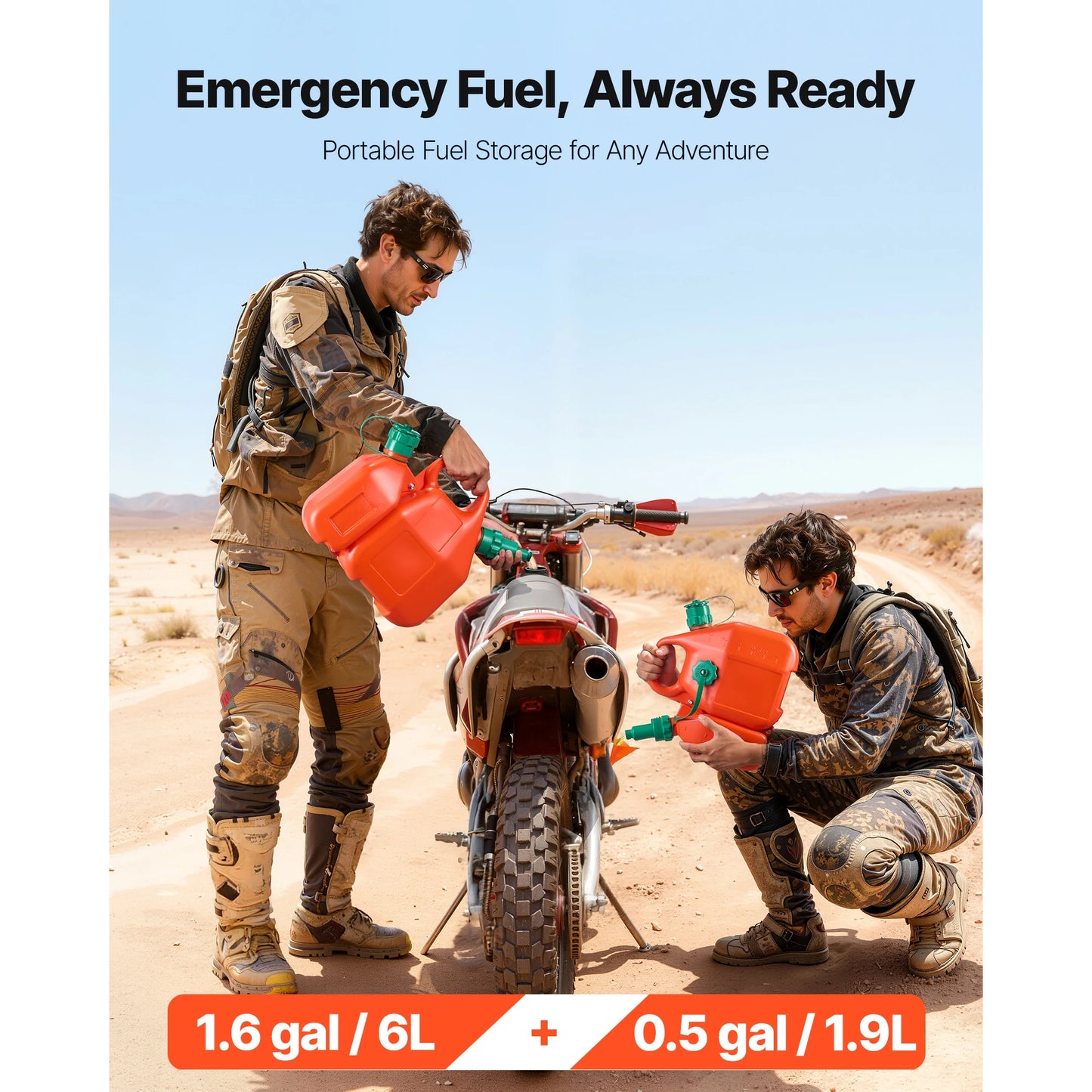 SucceBuy 1.6Gal Fuel Tank with Spout & 0.5Gal Extra Oil Container 5.5L/min Max Portable Flat Fluid Container for Cars Motorcycle