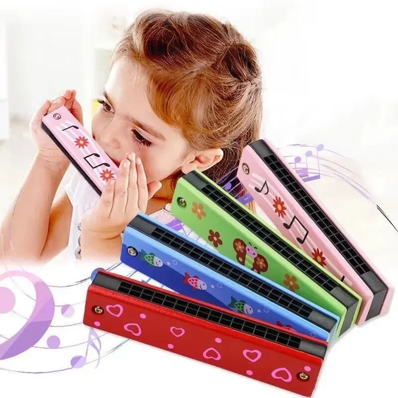 Children's wooden painted harmonica Montessori puzzle toy cartoon pattern children's musical instrument enlightenment music toy