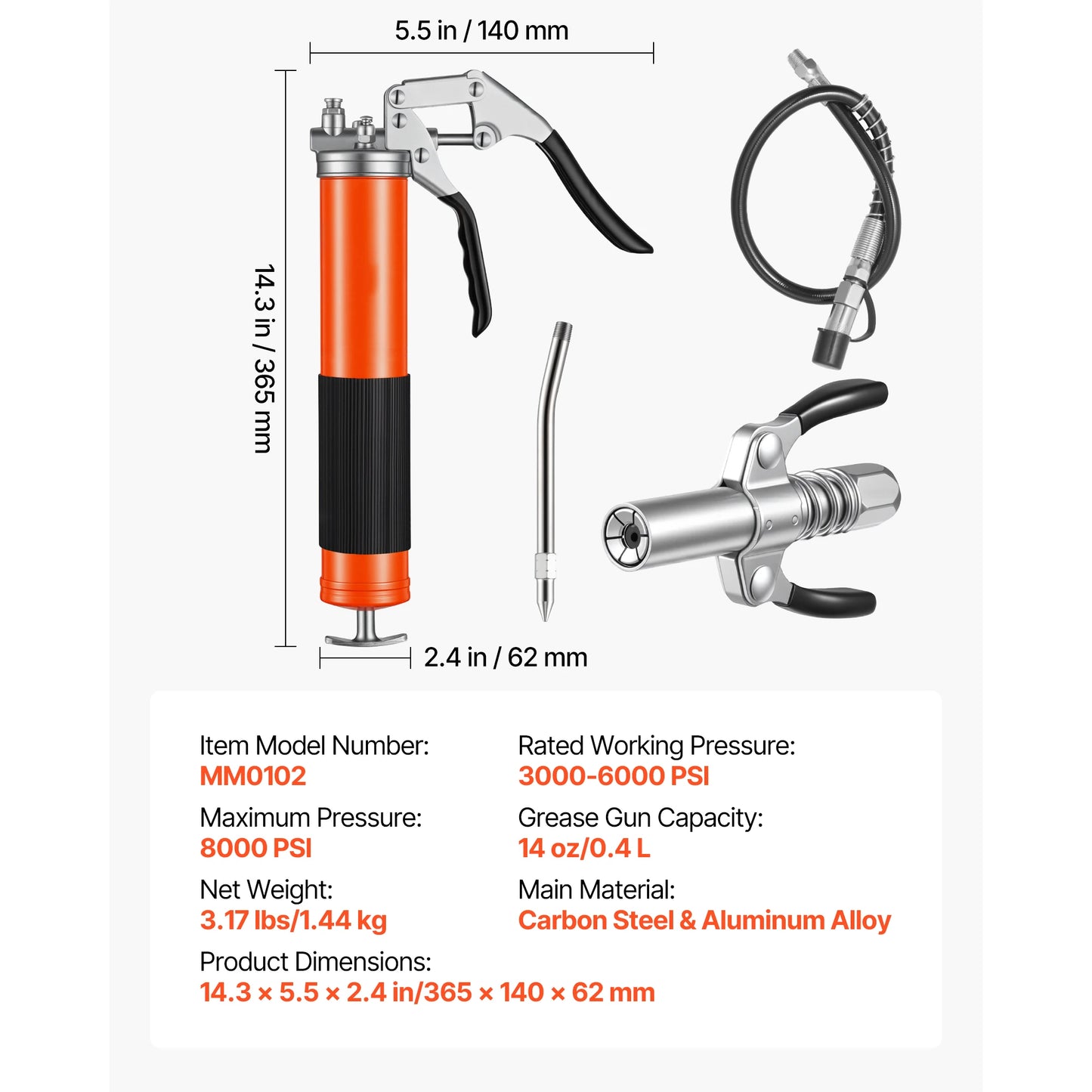 SucceBuy 8000 PSI Grease Gun High Pressure Pistol Grip Grease Gun Kit with 18in Flex Hose & Extension Rigid Pipe for Automotive