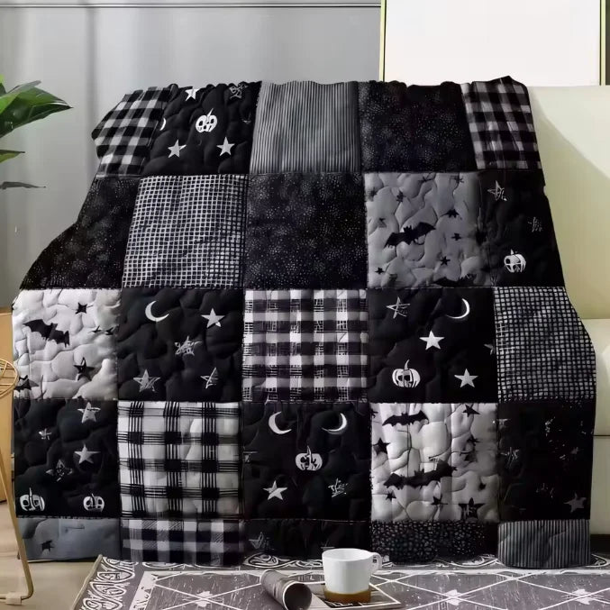 Themed Black and White Patchwork Quilt Cozy Blanket for Sofa, Geometric Patterns Including Plaid, Stars, Moons, Pumpki