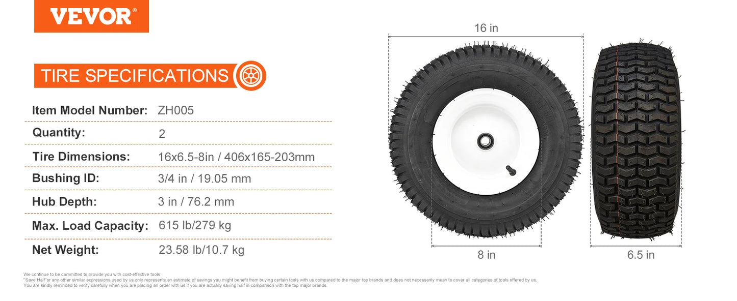 SucceBuy Lawn Mower Tires with Rim Tubeless Tractor Tires 2Pack Tire Wheel Assembly Pneumatic Tires for Riding Mower LawnTractor