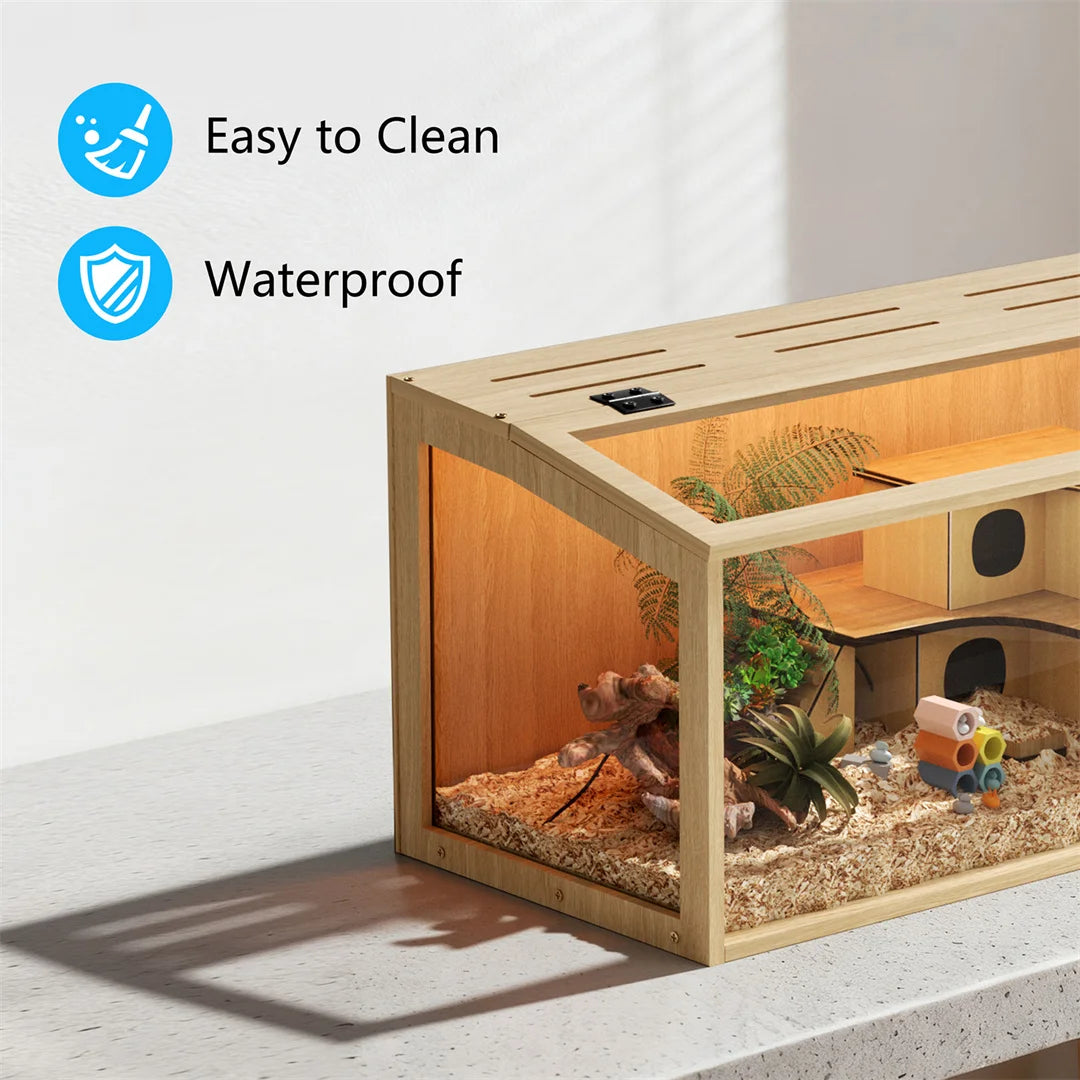 Large Natural Wooden Hamster Cage with Tempered Glass Panels Ventilation Holes And Built-in LED Light for Small Pet Habitat