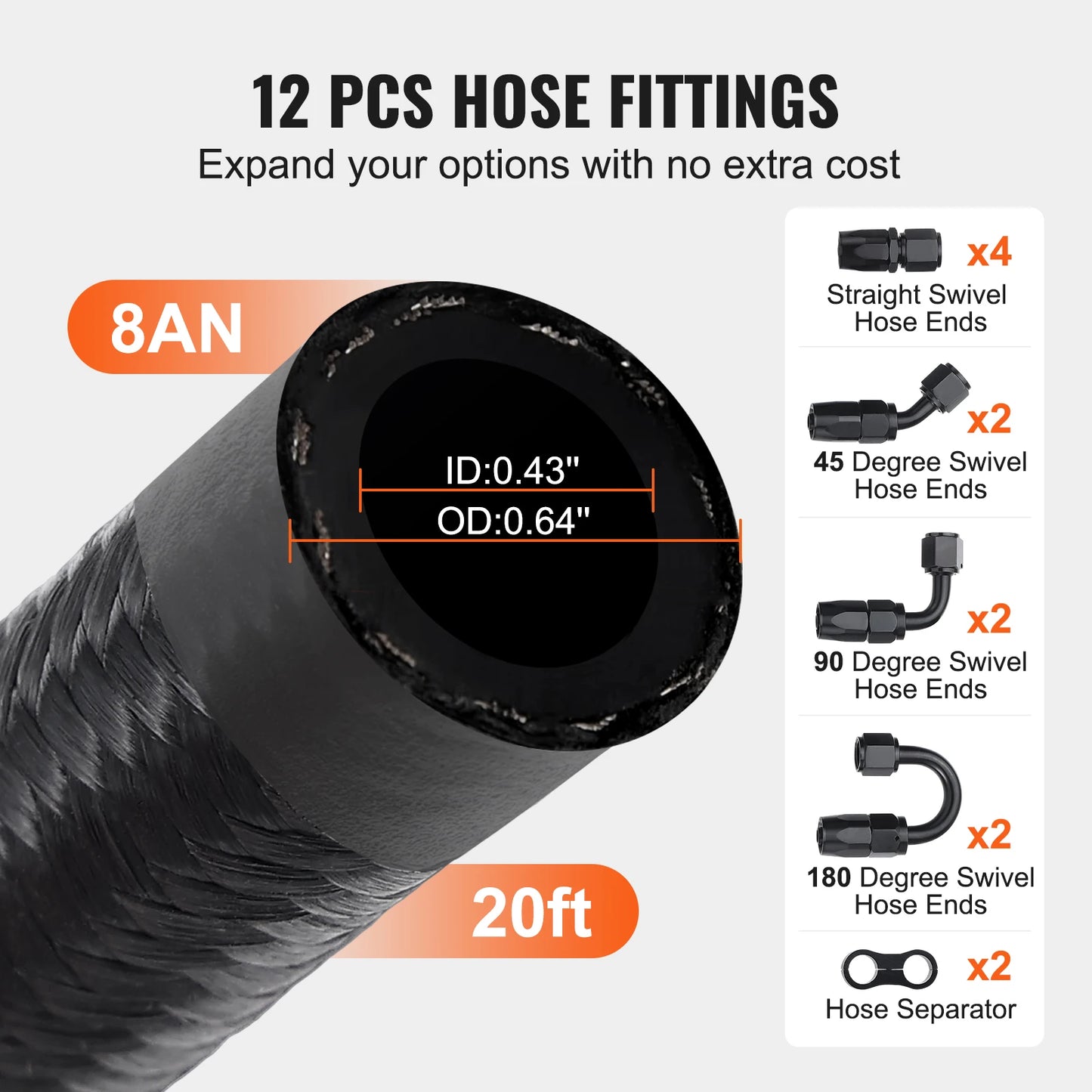 SucceBuy 8AN Fuel Line Kit 20 FT Fuel Hose Kit 0.43" Nylon Stainless Steel Braided Fuel Line Oil/Gas/Diesel Hose End Fitting Kit
