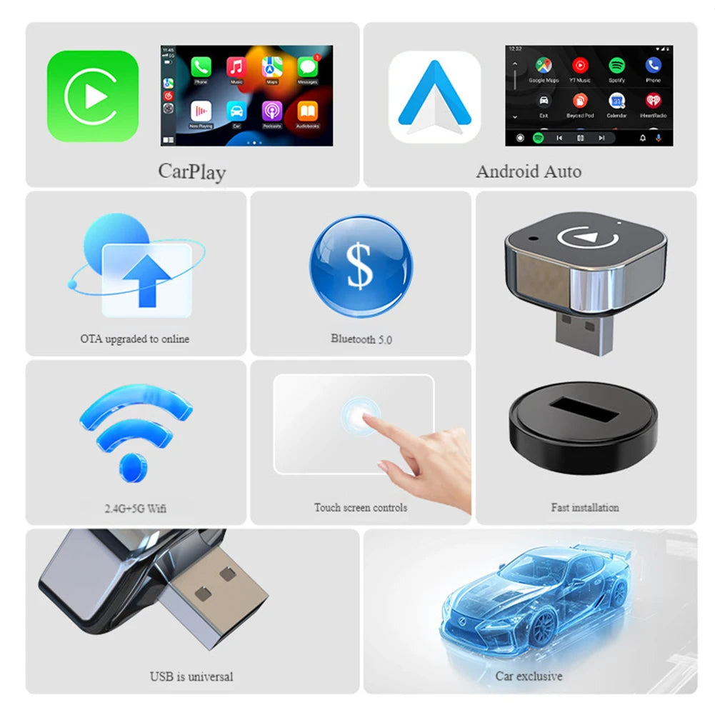 2 in 1 Wireless CarPlay Android Auto Adapter Carplay AI Box Auto Connect Smart USB Dongle Plug & Play for iPhone and Android