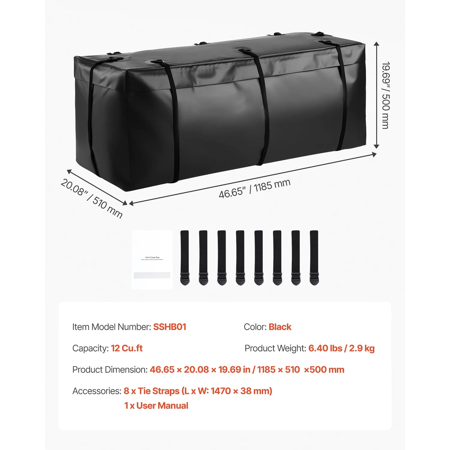 SucceBuy Hitch Cargo Carrier Bag Waterproof 840D PVC 57.48 x 19.49 x 23.82 in Heavy Duty Cargo Bag for Truck Bed Storage for Car