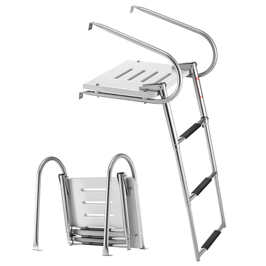 SucceBuy 3 Steps Boat Ladder Stainless Steel 400 lbs Telescoping Folding Swim Deck Ladder with Handrails for Outboards Yacht